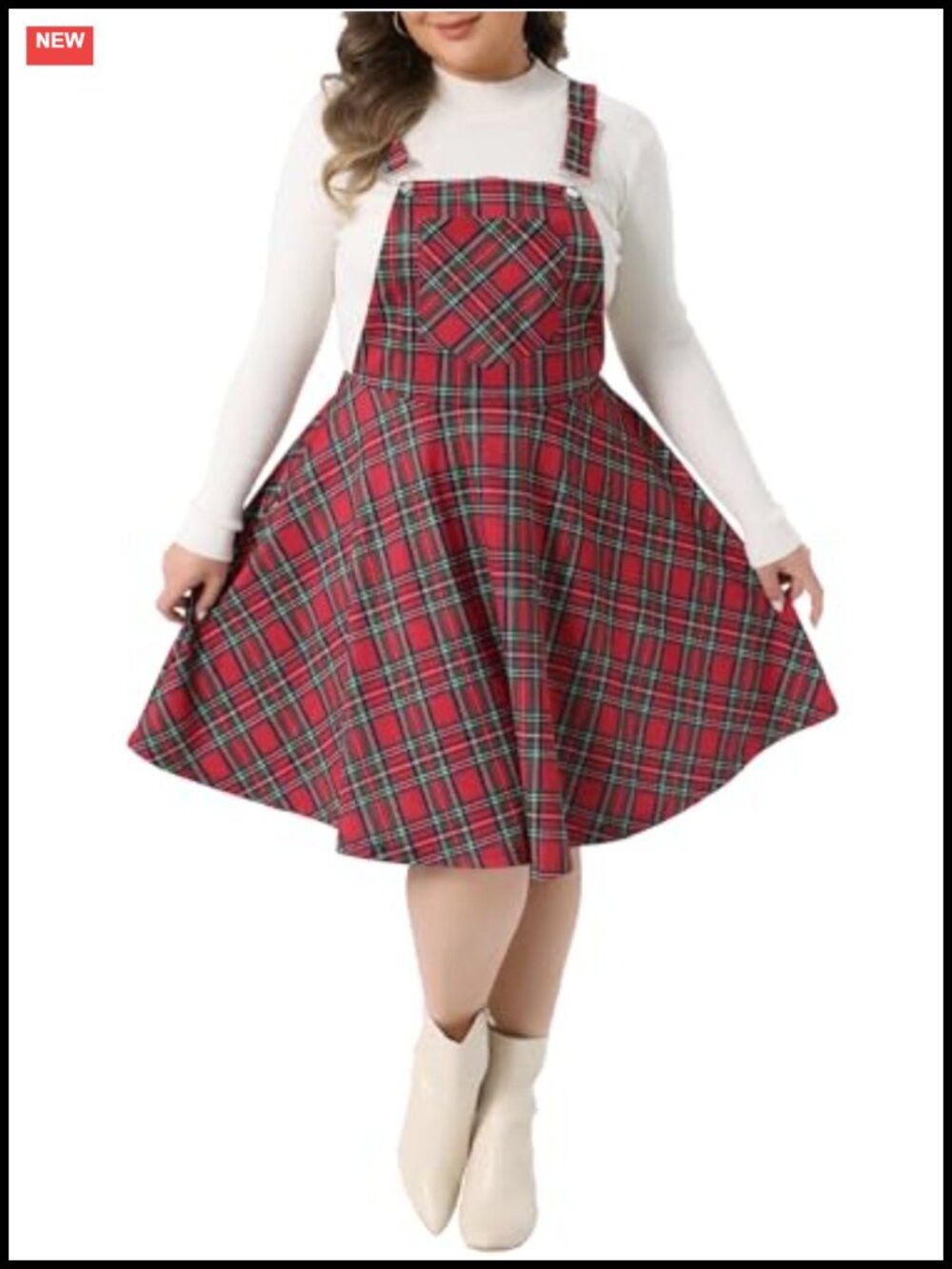 Plus Size Plaid Pinafore Overall Dress Adjustable Straps Swing Knee-Length